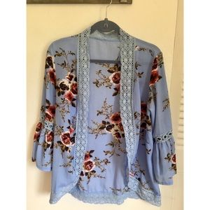 Light Blue Floral Open Front Flounce Sleeve Kimono